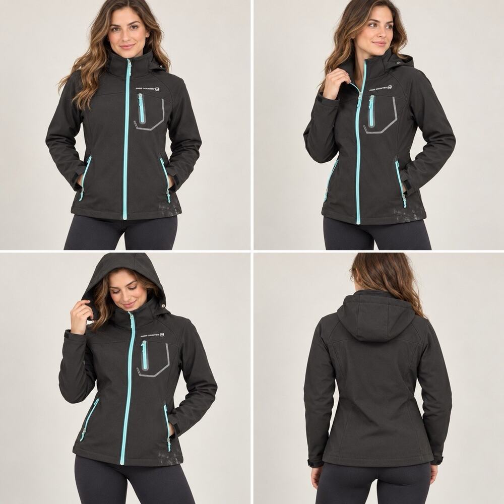 Free Country Softshell Jacket Womens Small Black Aqua Hooded Fleece Lined